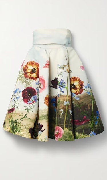Strapless pleated floral-print taffeta mini dress