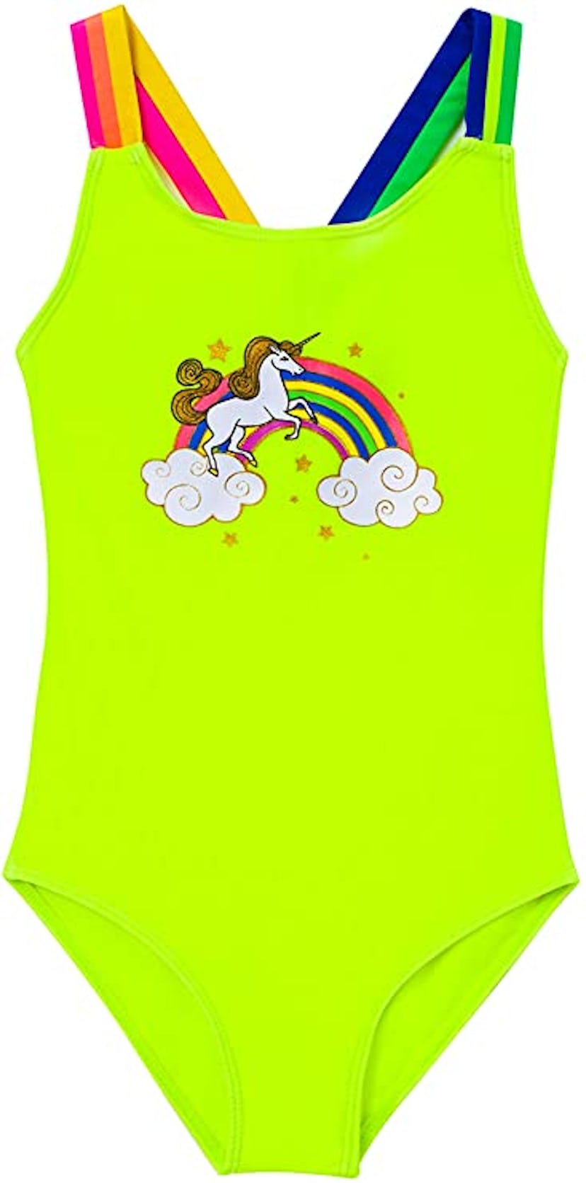 highlighter yellow unicorn rainbow toddler swimsuit for aquatic safety and visibility