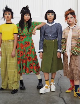 The Linda Lindas, from left: Eloise Wong wears a Cormio T-shirt; Collina Strada pants and belt; Roge...