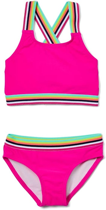 hot pink sporty two piece swimsuit for girls, high visibility for water safety and preventing drowni...
