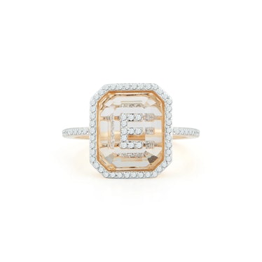 14K Gold Diamond Frame Crystal Quartz Secret Diamond Initial Ring