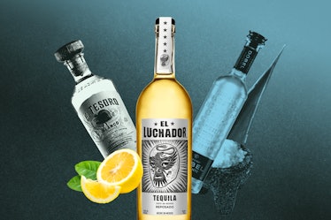 Collage of El Tesoro Blanco, El Luchador Reposado, and Maestro Dobel Diamante tequila bottles