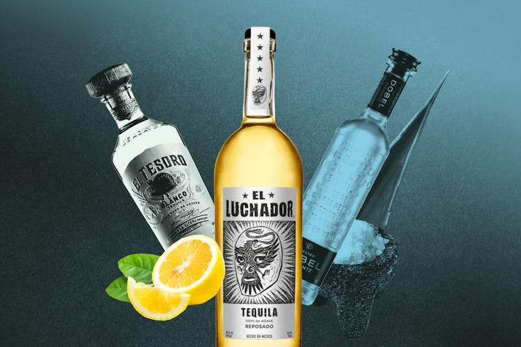 Collage of El Tesoro Blanco, El Luchador Reposado, and Maestro Dobel Diamante tequila bottles