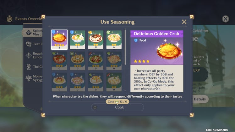 Seasoning menu for Spices Genshin event