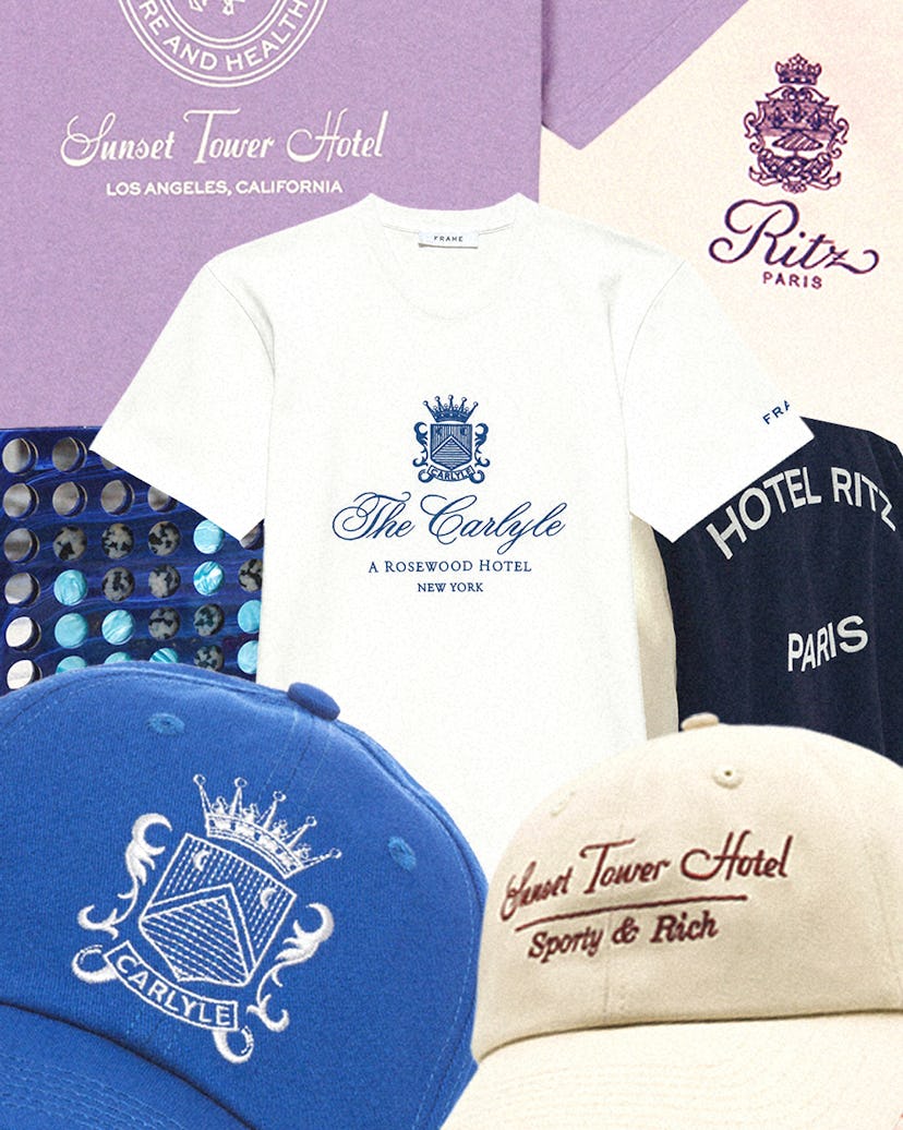 A collage of branded hotel items