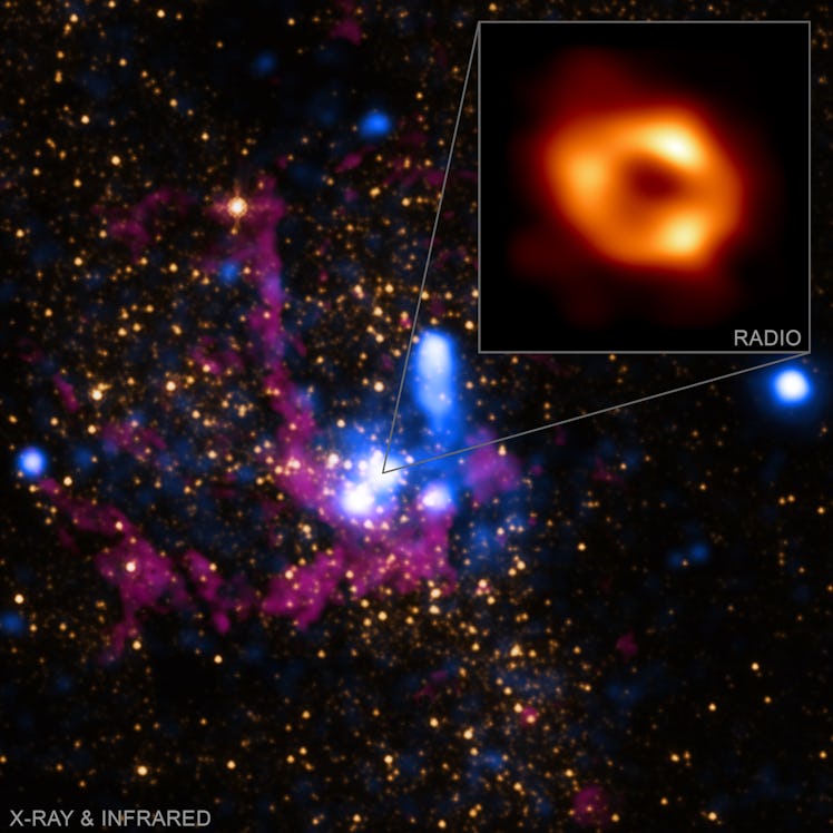 field of stars with an energetic cloud at the center and a breakaway showing a bright orange ring, t...