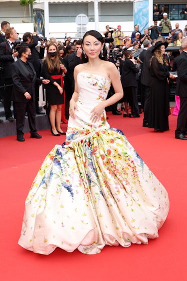 Jessica Wang wearing a floral dress at Cannes