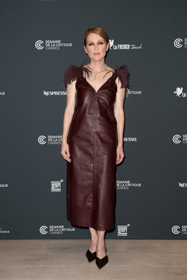 Julianne Moore wearing a burgundy leather dress at Cannes