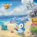 artwork of Pokemon having a beach party for Pokemon Legends Arceus