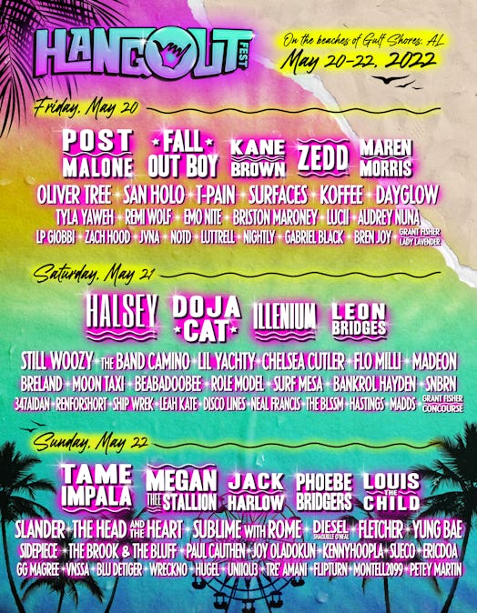 The Hangout Music Festival lineup includes headliners Post Malone, Halsey, and Tame Impala.