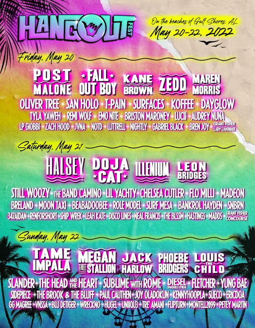 The Hangout Music Festival lineup includes headliners Post Malone, Halsey, and Tame Impala.