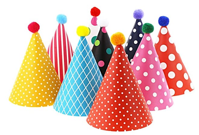 One birthday party hack is to use Vesil Kids Assorted Birthday Party Hats for single-serve snacks.