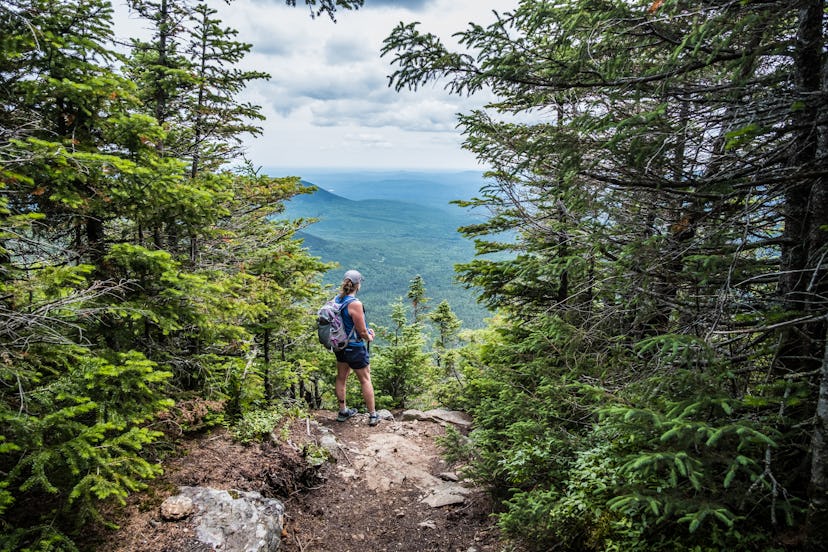 Maine as the epic family adventure vacation location - a woman backpacking in the forest 