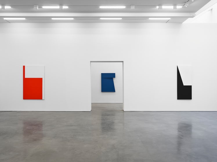 An installation view of paintings by Carmen Herrera