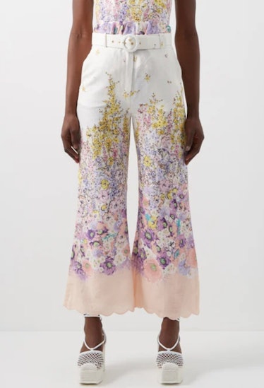 Flared Floral-Print Linen-Voile Trousers