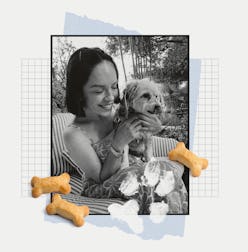 A collage with a picture of Angela Melero and her dog, dog crackers and a paw-print