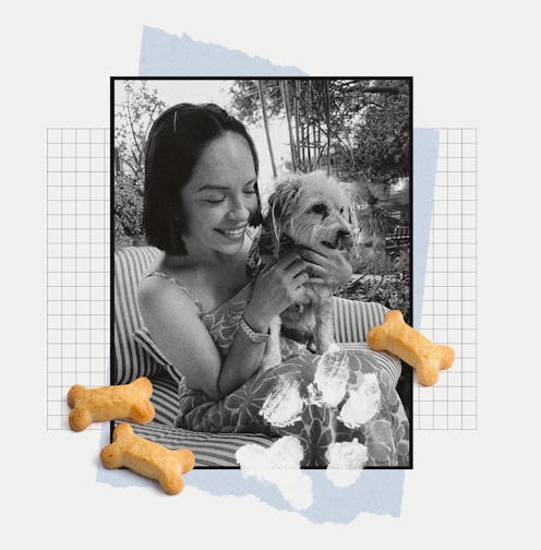 A collage with a picture of Angela Melero and her dog, dog crackers and a paw-print
