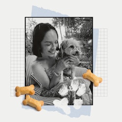 A collage with a picture of Angela Melero and her dog, dog crackers and a paw-print