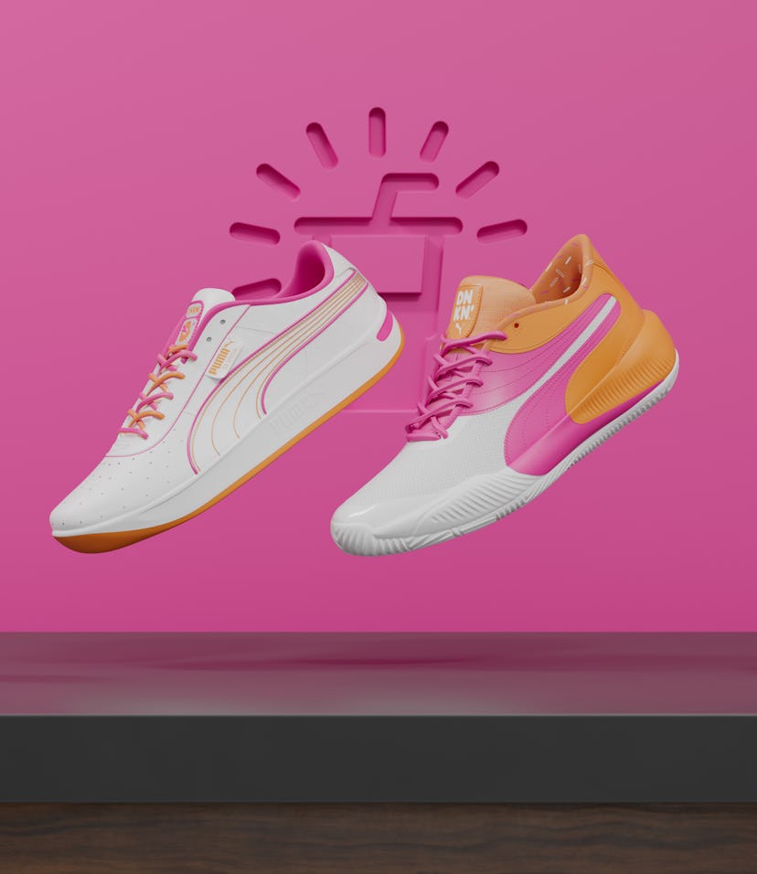 An image of PUMA and Dunkin's GV and Triple Basketball sneakers for Iced Coffee Day.