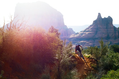 Arizona as the epic family adventure vacation location for biking - a man riding a bike down the mou...