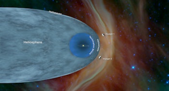 Kupolo formos burbulas vaizduoja Saulės įtakos zoną visatoje.  Du erdvėlaiviai šviečia...