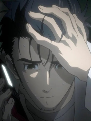 Rintarou Okabe from Stein's Gate speaking on a phone while in distress