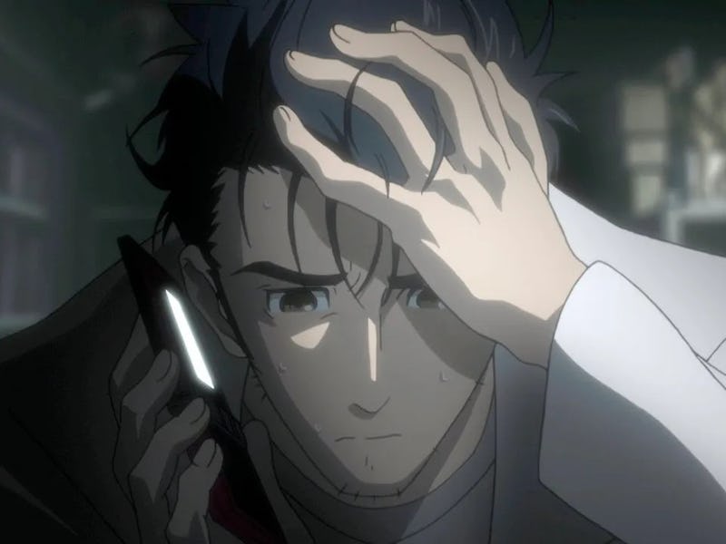 Rintarou Okabe from Stein's Gate speaking on a phone while in distress