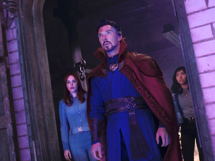 Benedict Cumberbatch, Rachel McAdams, and Xochitl Gomez in Multiverse of Madness.