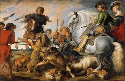 A 1612 Peter Paul Rubens painting of a few men riding horses, hunting down some wolves. 