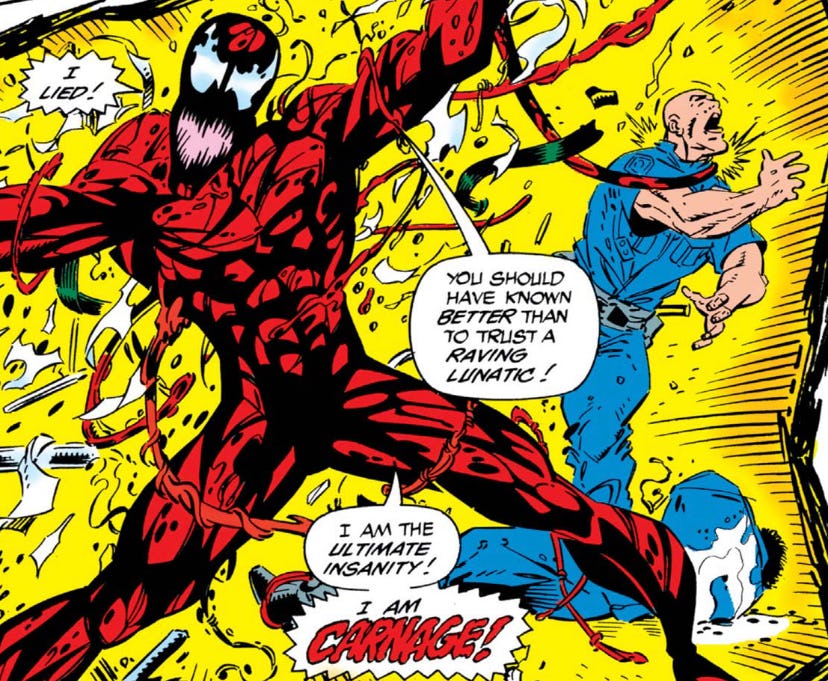 A page from the comic book Maximum Carnage during a fight scene
