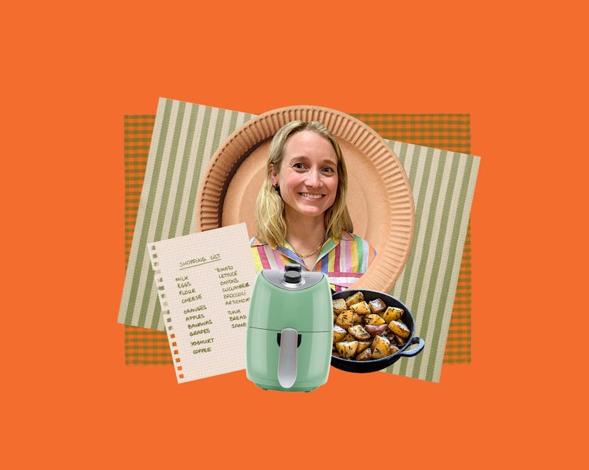 Collage of Grace Farris, an air fryer, a cooking pot, and a text list on paper