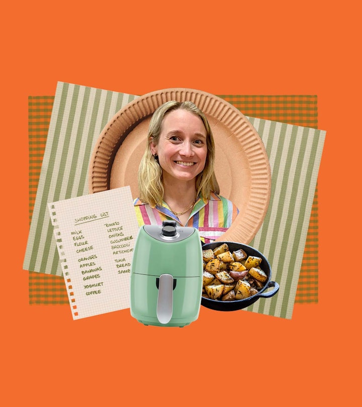 Collage of Grace Farris, an air fryer, a cooking pot, and a text list on paper