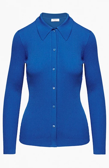 collared blue button-down sweater