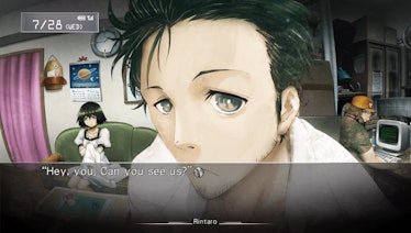 Rintarou Okabe from Stein's Gate during a dialogue segment