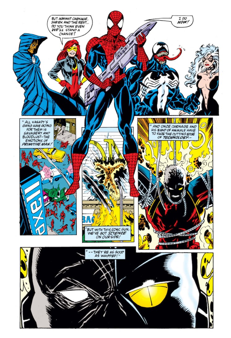 Spider-Man assembling his team in a page from the comic book Maximum Carnage