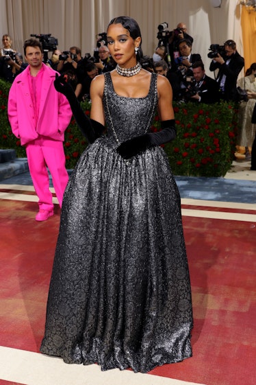Laura Harrier attends The 2022 Met Gala Celebrating "In America: An Anthology of Fashion" at The Met...