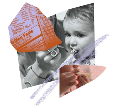 Collage of images of child eating and a nutrition information table.