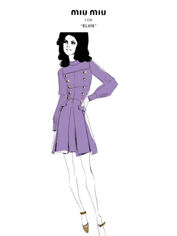 A sketch of the Elvis movie's Priscilla Presley wearing Prada