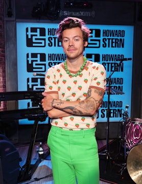 Harry Styles in a chunky green bead necklace and watermelon shirt. 