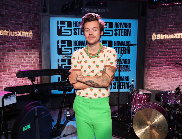 Harry Styles in a chunky green bead necklace and watermelon shirt.