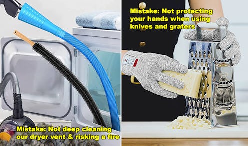Two big pipes in a washing machine and a man shredding cheese on a shredder with gloves