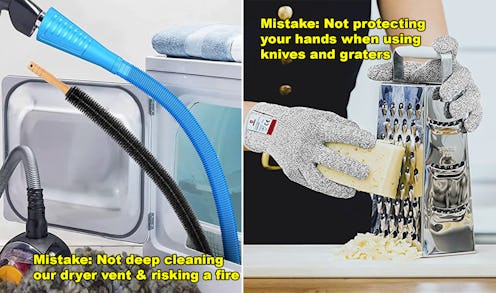 Two big pipes in a washing machine and a man shredding cheese on a shredder with gloves