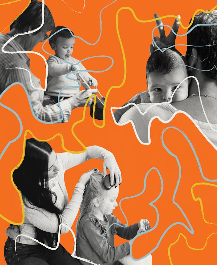 Collage of a nanny and two fathers taking care of babies