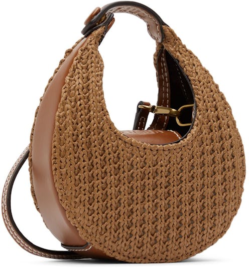 STAUD Tan Micro Raffia Moon Bag