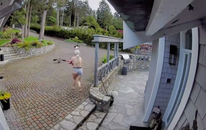 A topless woman wearing gray boxer shorts and nursing an infant chases a bald eagle away from her pe...