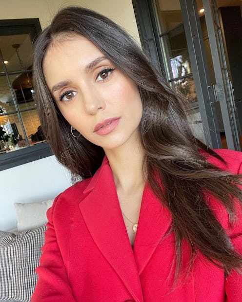 nina dobrev red shirt lip