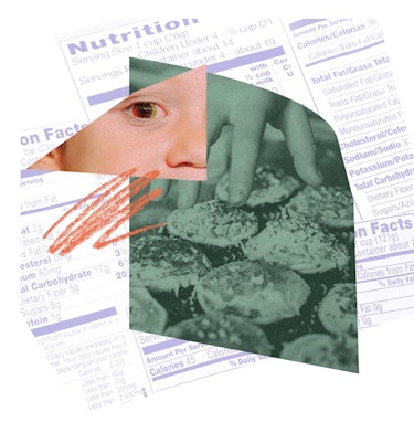 Collage with food, a child's face, and a nutrition information table.