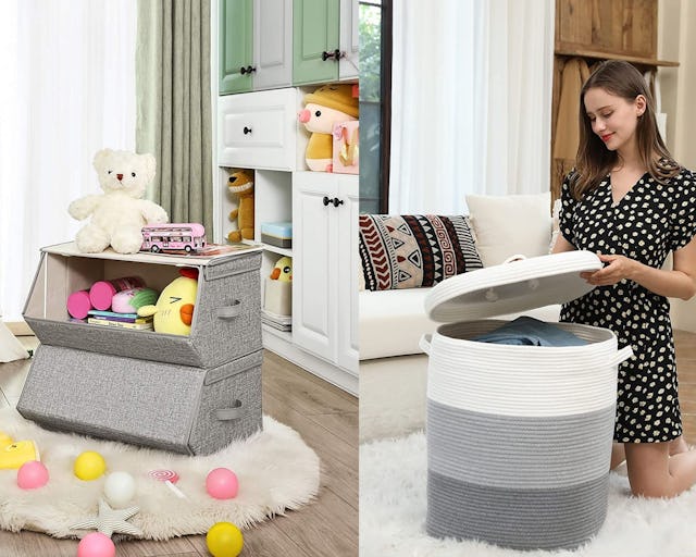 Side by side of a toy storage box and a woman kneeling next to an oval toy storage box