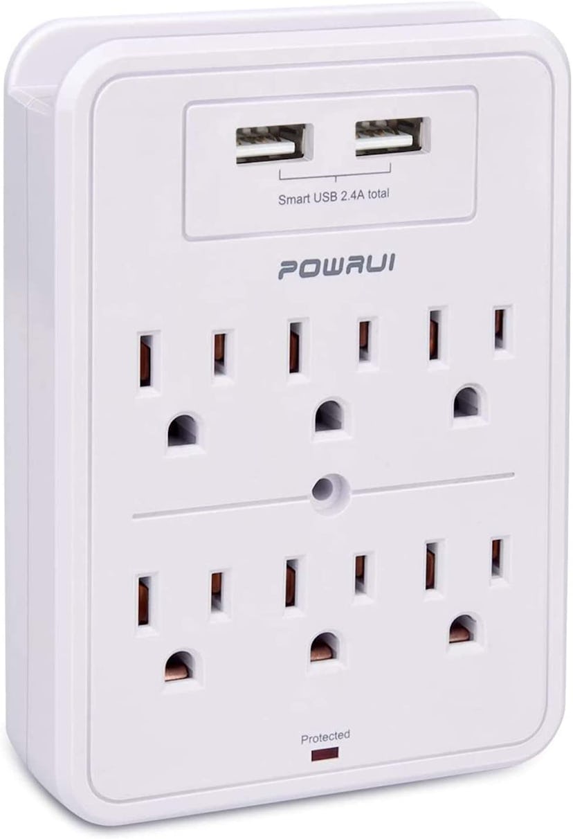 Powrui's surge protector and USB-inclusive wall outlet features six regular outlets plus two USB por...