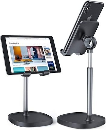 An adjustable cell phone stand holds your phone or tablet at a comfortable height.